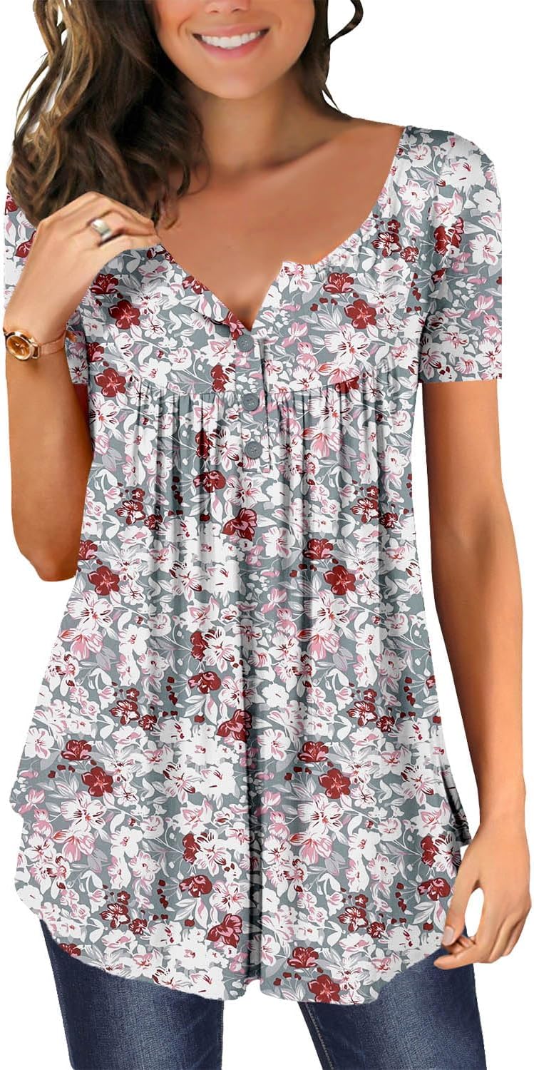 CHICZONE Womens Tunic Tops Plain Pleated V Neck Buttons Up Blouse Floral Printed...