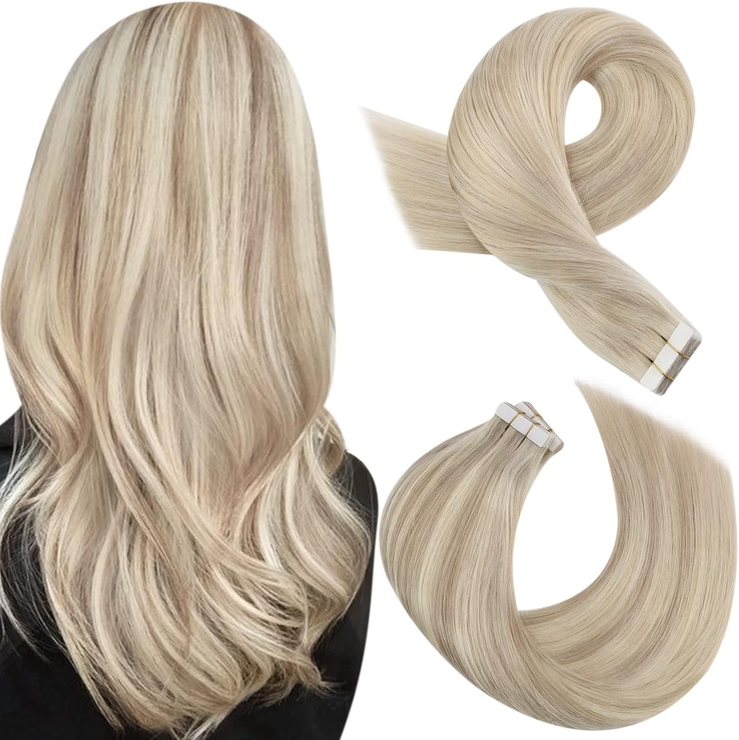 Moresoo Tape in Hair Extensions Tape in Human Hair Ash Blonde with Platinum Blon...