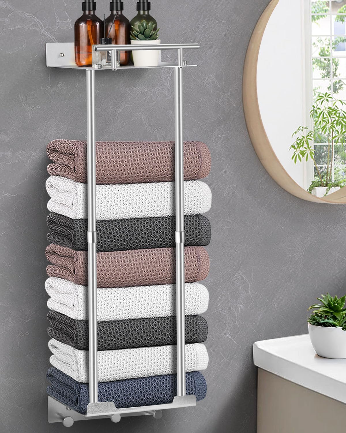 LIVEHITOP Towel Storage, Towel Rack Self Adhesive 81cm Adjustable Pole 41-72CM S...