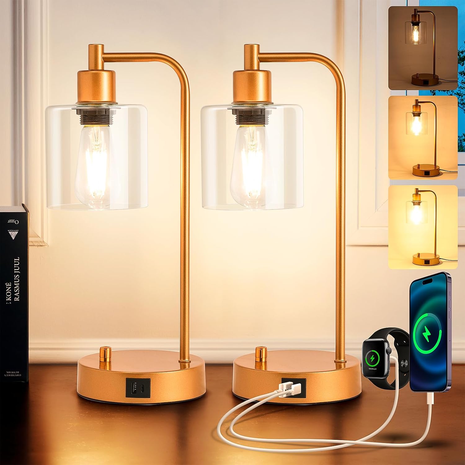 Homelist Gold Bedside Lamp Set of 2,Dimmable Industrial LED Table Lamps Nightsta...