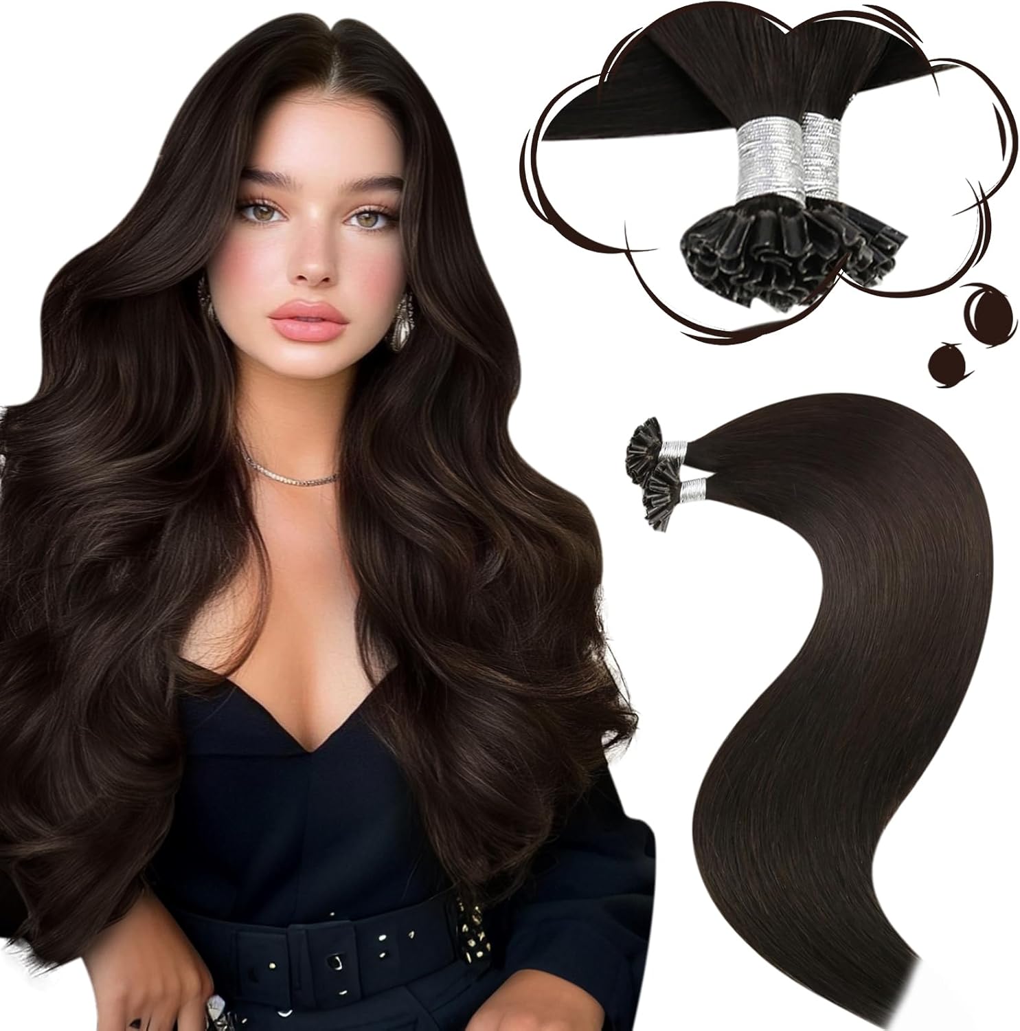 Moresoo Brown Pre Bonded Hair Extensions Darkest Brown U Tip Human Hair Extensio...
