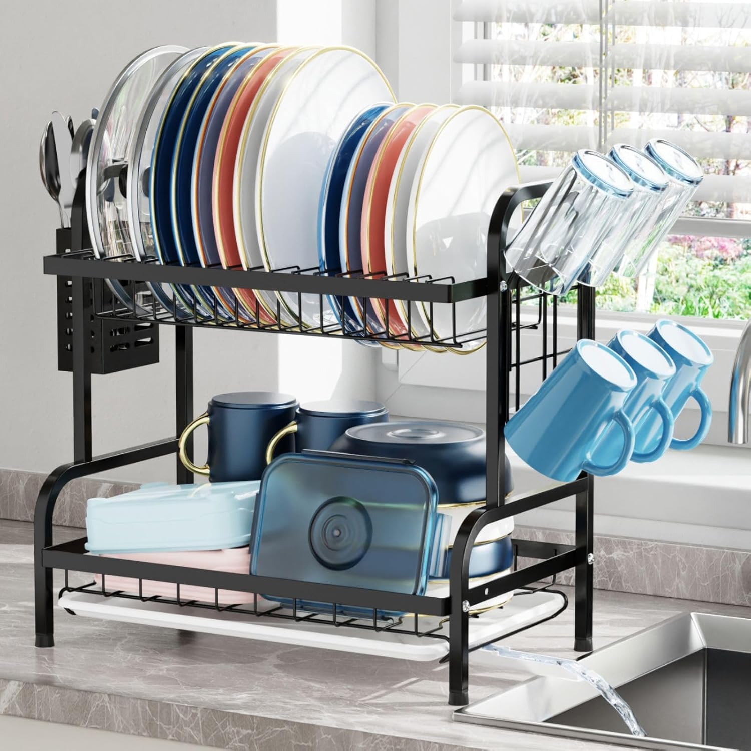 iSPECLE 2 Tier Dish Drainer Rack - Rustproof Dish Drying Rack with Automatic Dra...