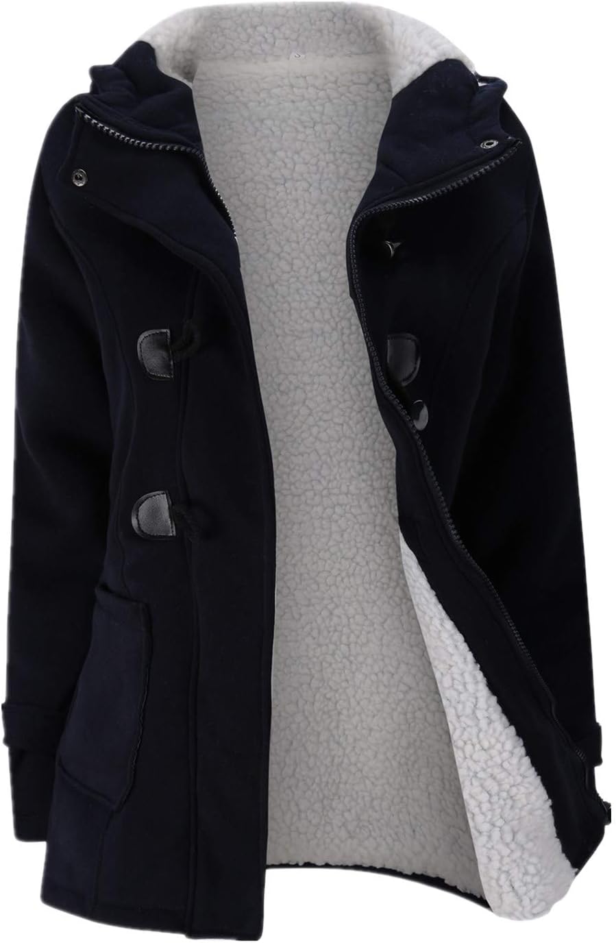 JiangWu Womens Fashion Horn Button Fleece Thicken Coat with Hood Winter Warm Jac...