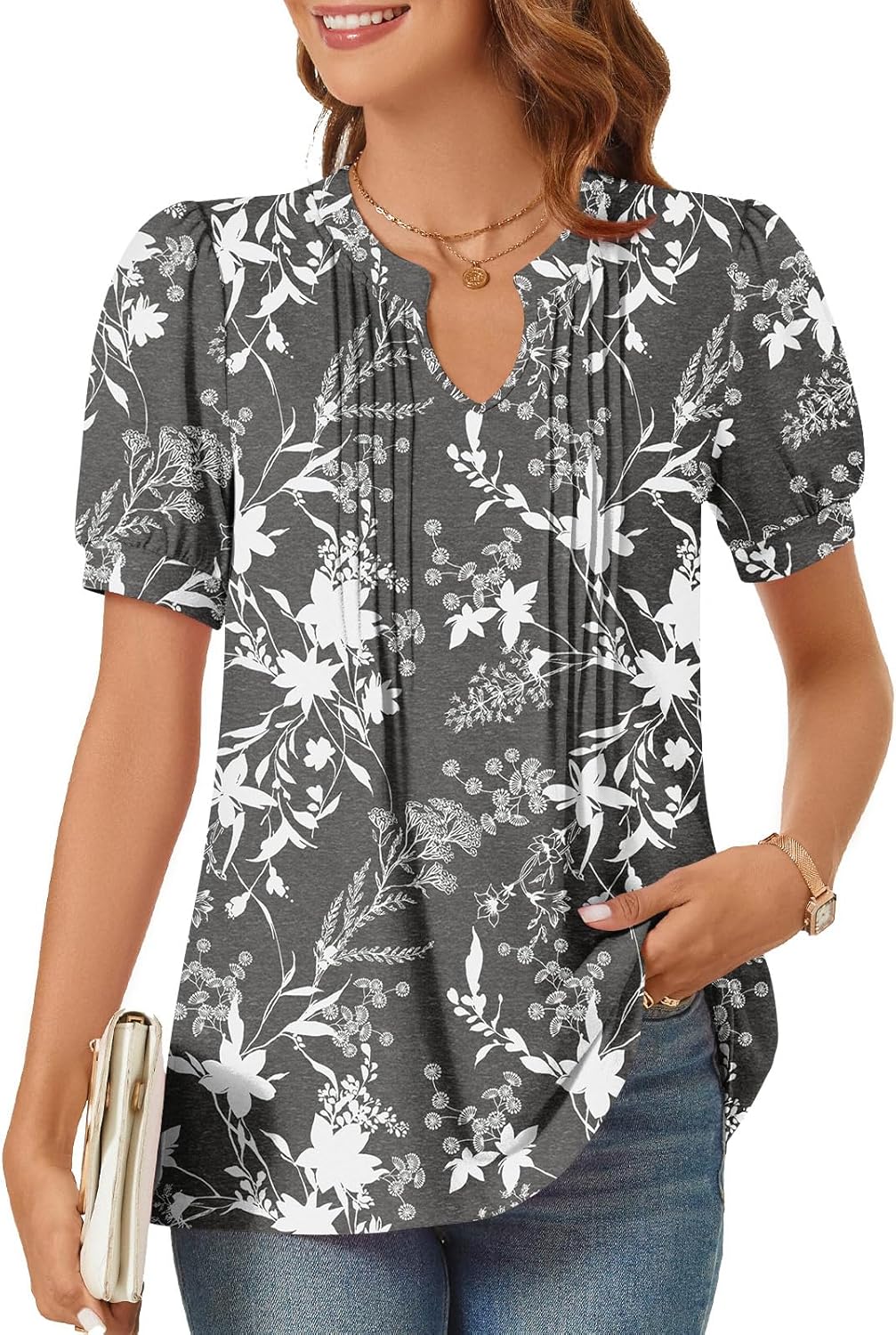 syoss Women's Summer Tops Casual Dressy Blouses with Puff Sleeves Bellflowers Bl...