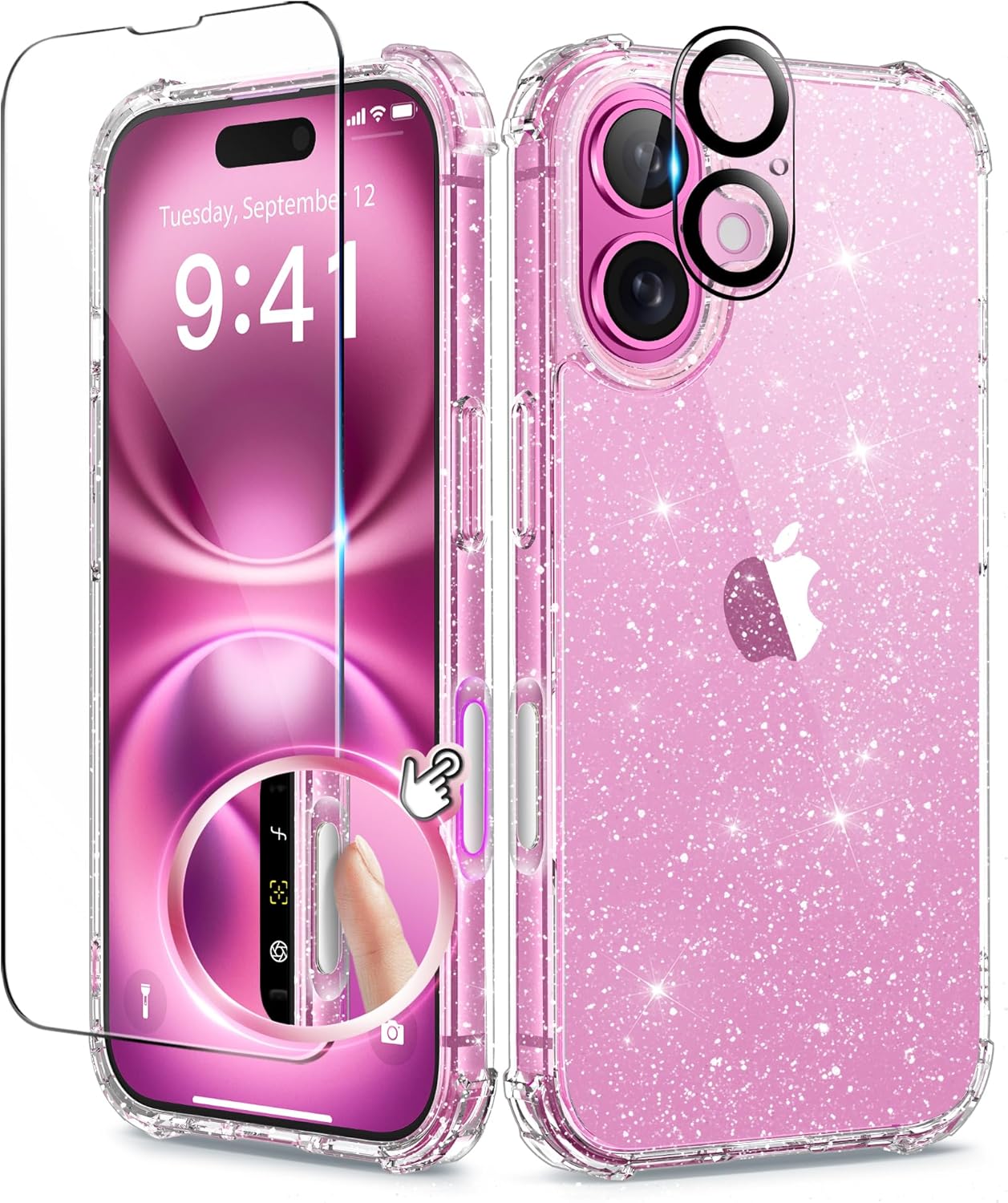 BERFY Compatible with iPhone 16 Case Glitter, [3 in 1] with Screen Protector + C...