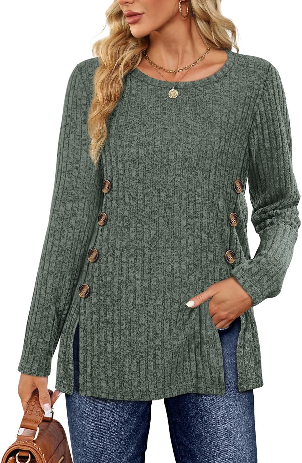 Sampeel Women's Long Sleeve Tops Jumpers Symmetrical Button Down Collar Slimming...