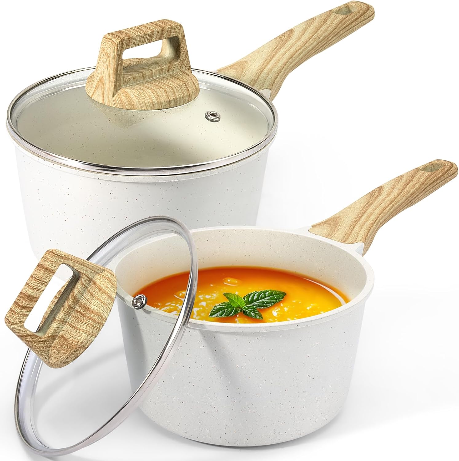 GiPP 1.5Qt & 2.5Qt Sauce Pan Set with Lid Nonstick - White Granite Non Stick Sau...