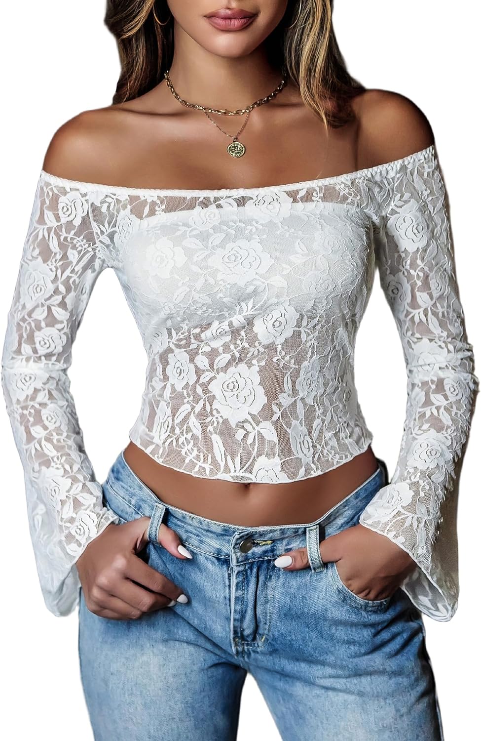Avidlove Lace Long Sleeve Tops for Women Y2k Off The Shoulder Tops Sexy Sheer Be...
