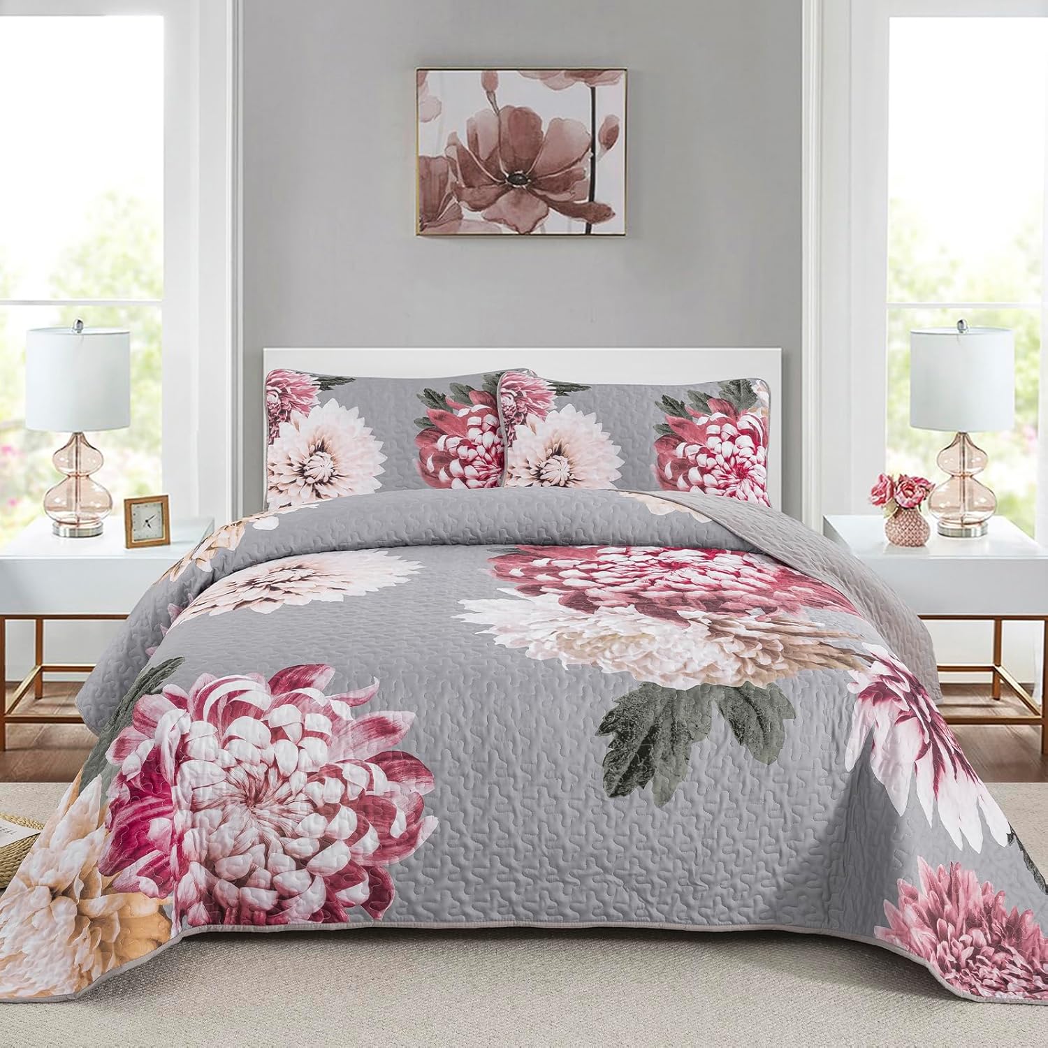 Dintszyayue Floral Quilt Set Queen Bedding Set, 3 Pieces Grey Lilac Flower Cover...