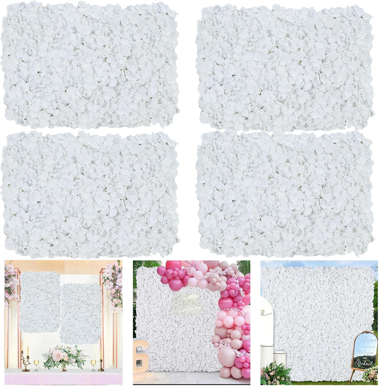 White Flower Wall Panels Backdrop - 4 Pcs Flower Wall Panels Silk Hydrangea Flow...