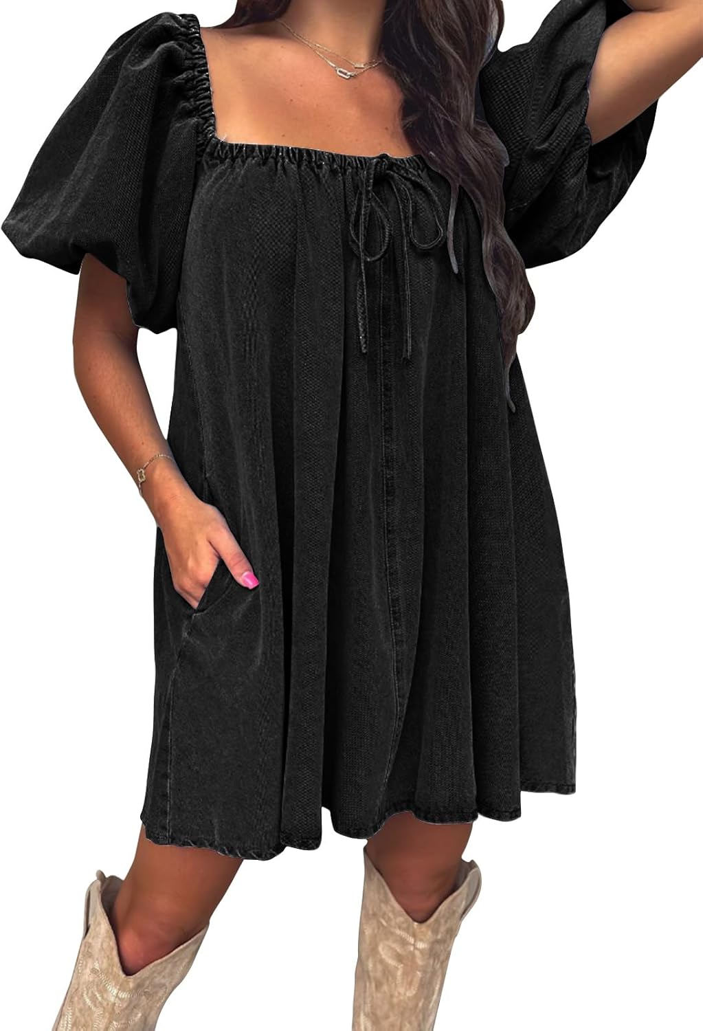 EXLURA Womens Summer Denim Short Puff Sleeve Dresses Knit Loose Plus Size Short...