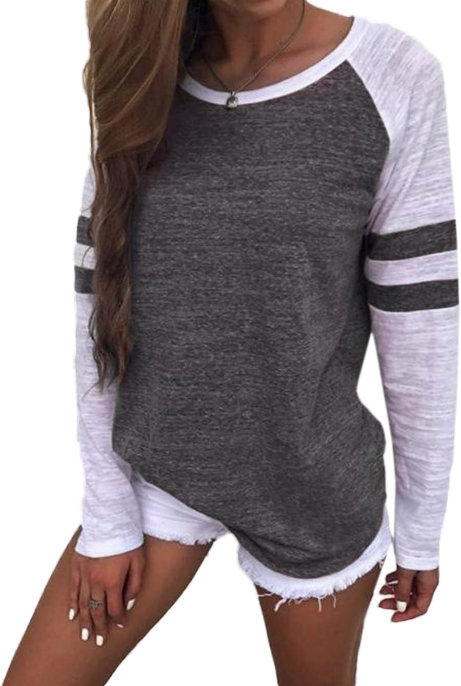 Famulily Women's Long Sleeve Baseball Tee Shirt Crew Neck Striped Tops