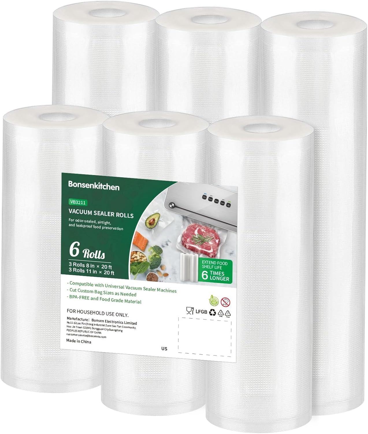 Bonsenkitchen Vacuum Sealer Rolls Bags, 6 Pack 3 Rolls 11" x 20' + 3 Rolls 8" x...