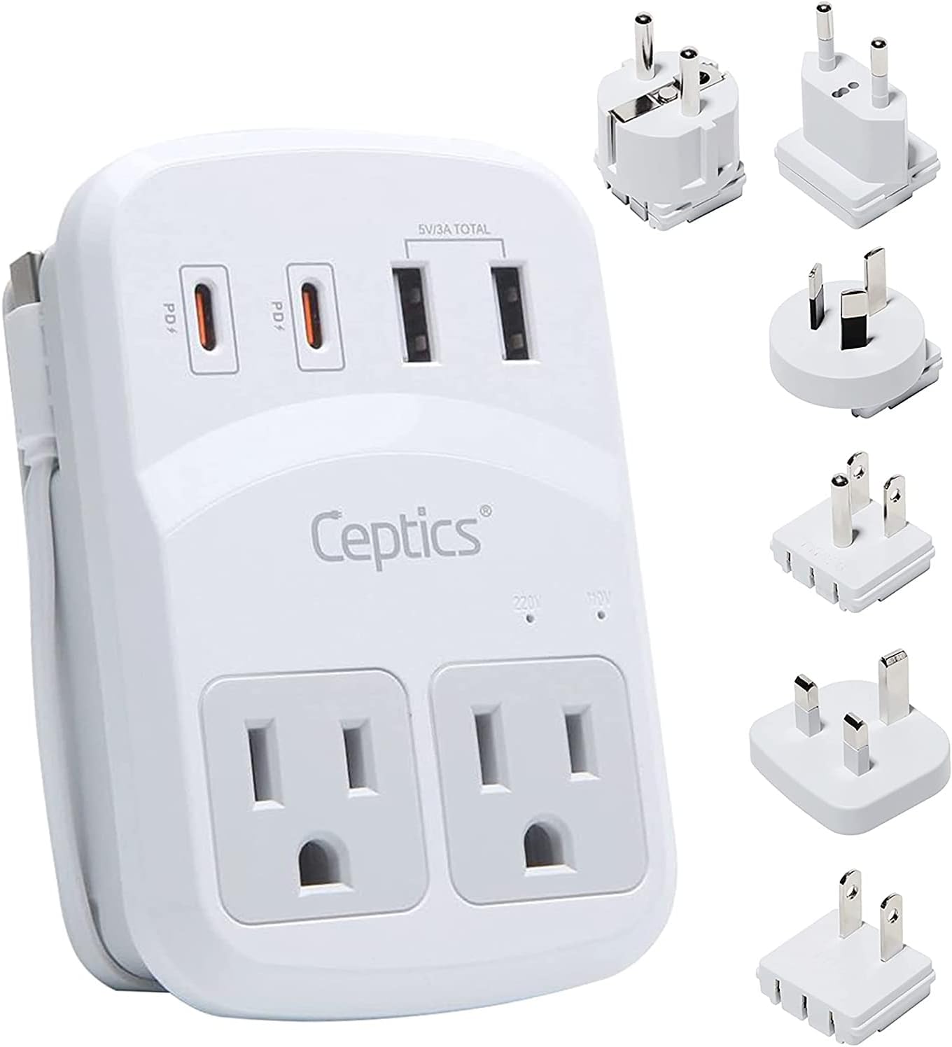 Ceptics World Travel Adapter Kit 2 USB-A, USB-C US Outlets, 20W/QC 18W Power Del...