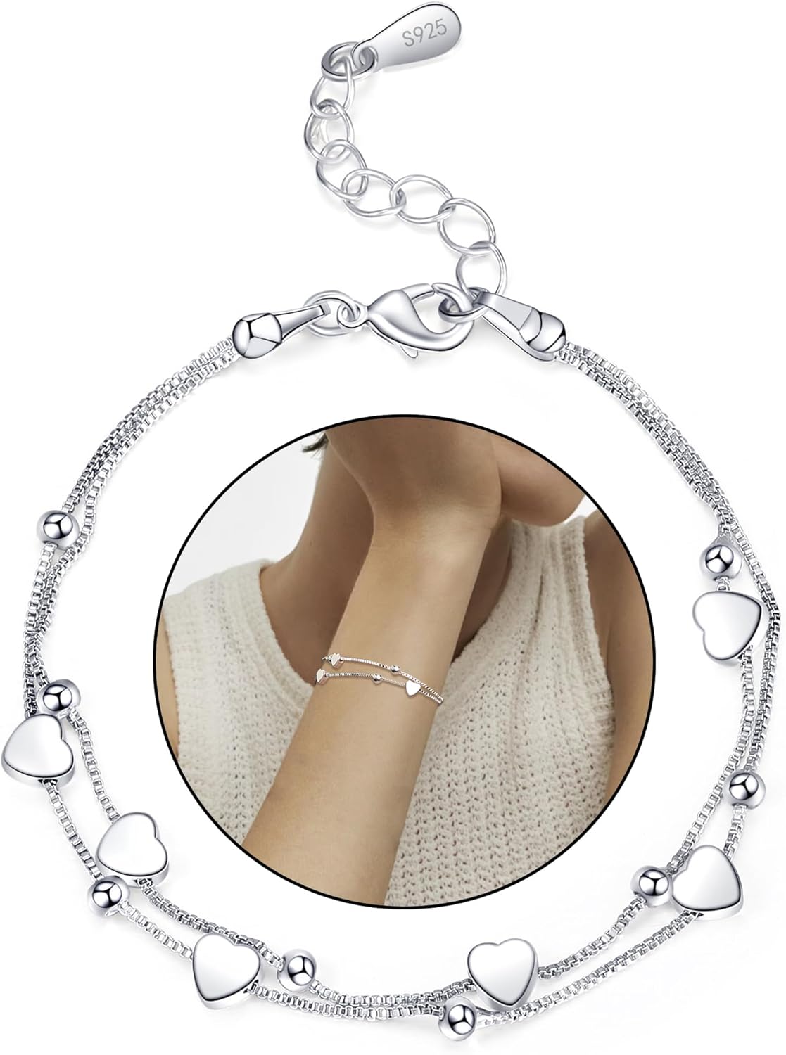 XOEMEL Silver Heart Bracelet Sterling Silver Bracelet for Women Layered Charm Br...