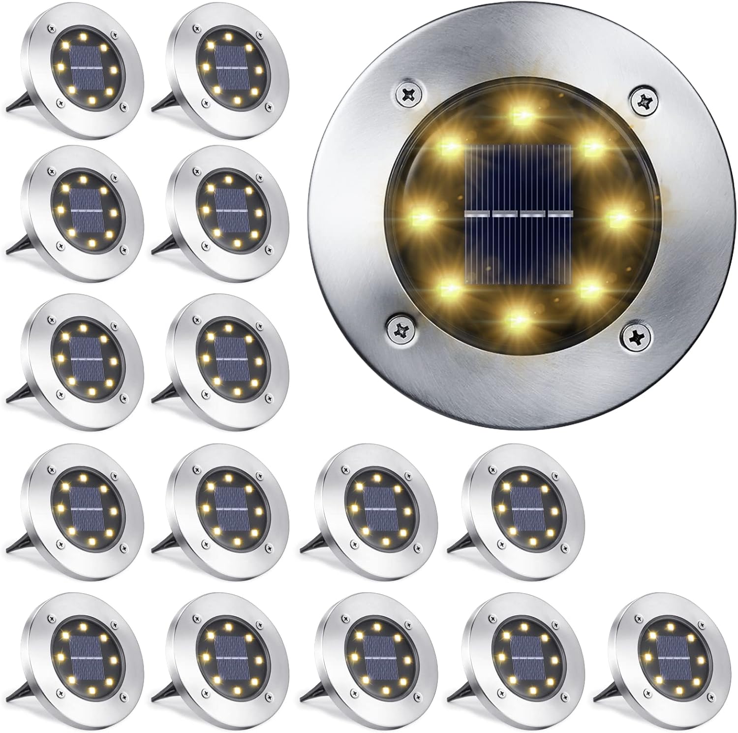 LYHOPE Solar Disk Lights - 16 Pack, 8 LED, Waterproof, Outdoor Garden In-ground...