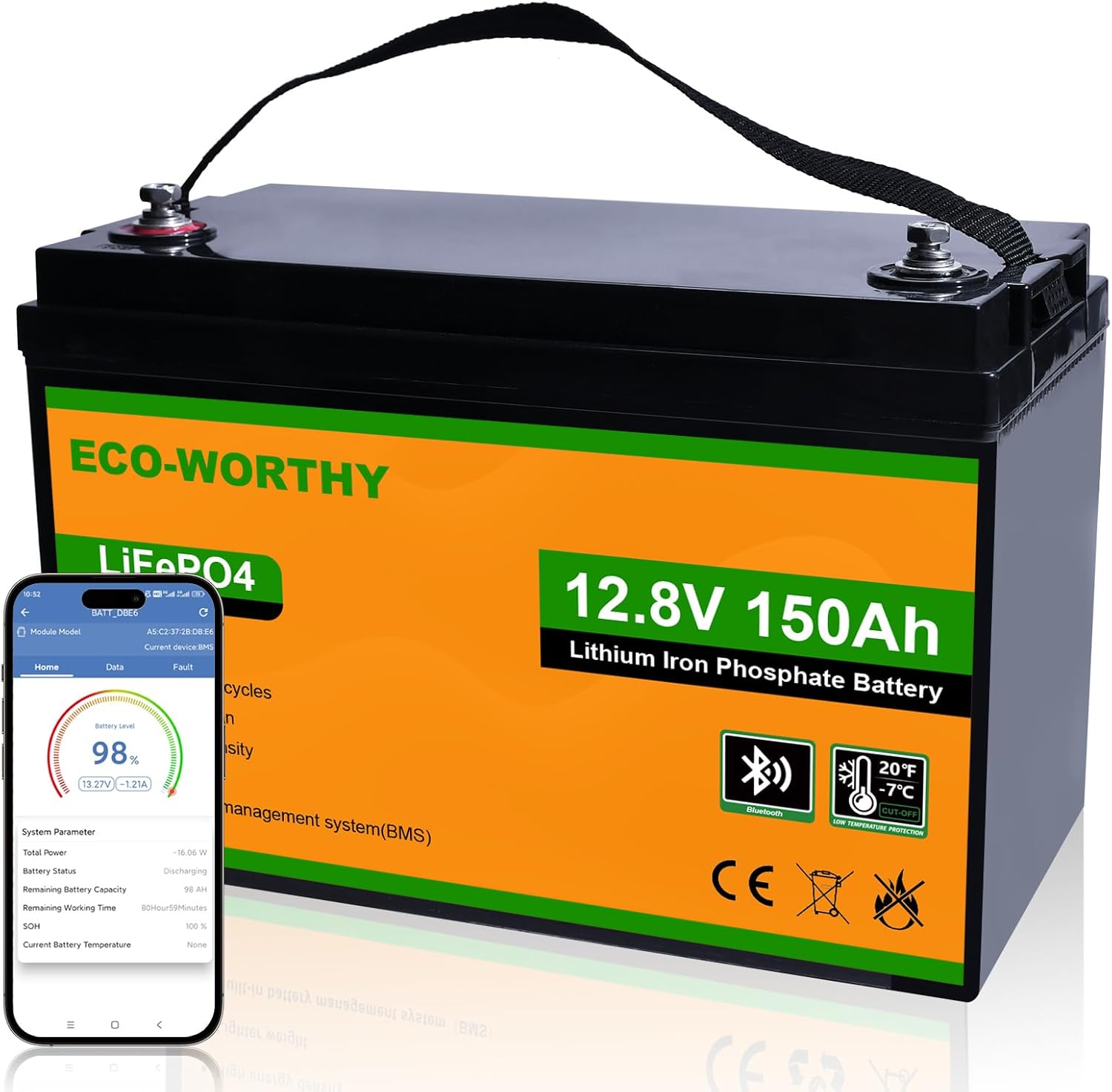 ECO-WORTHY 12V 150AH Bluetooth LiFePO4 Lithium Battery with Low Temperature Prot...