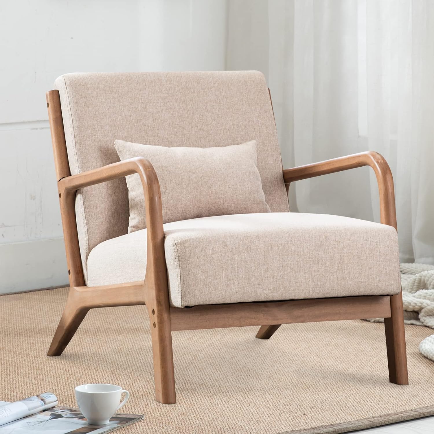 INZOY Mid Century Modern Accent Chair with Wood Frame, Upholstered Living Room C...