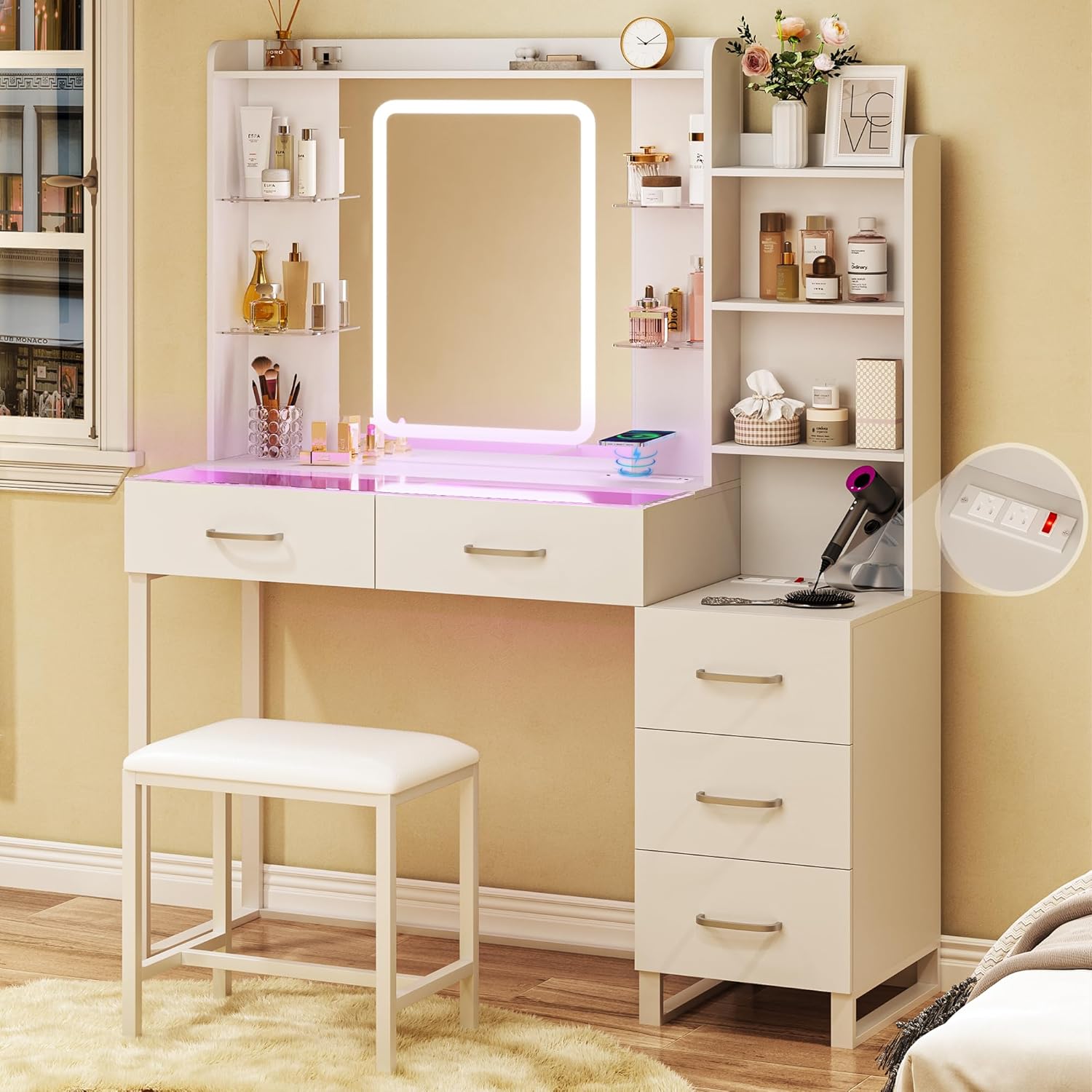 Vanity Desk with Mirror and LED Lights, 57.5" Makeup Vanity with Glass Top & Wir...