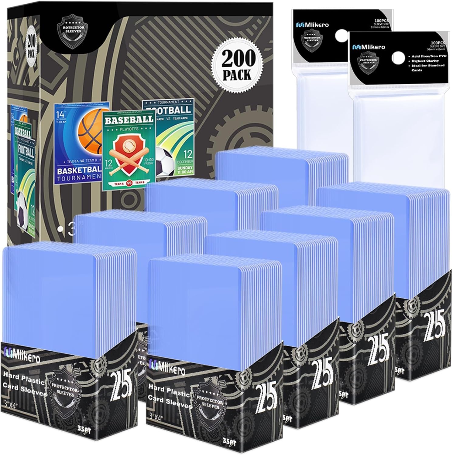 Mlikero 200 Pcs Hard Card Sleeves, Clear Card Protectors with UV Protection, Thi...