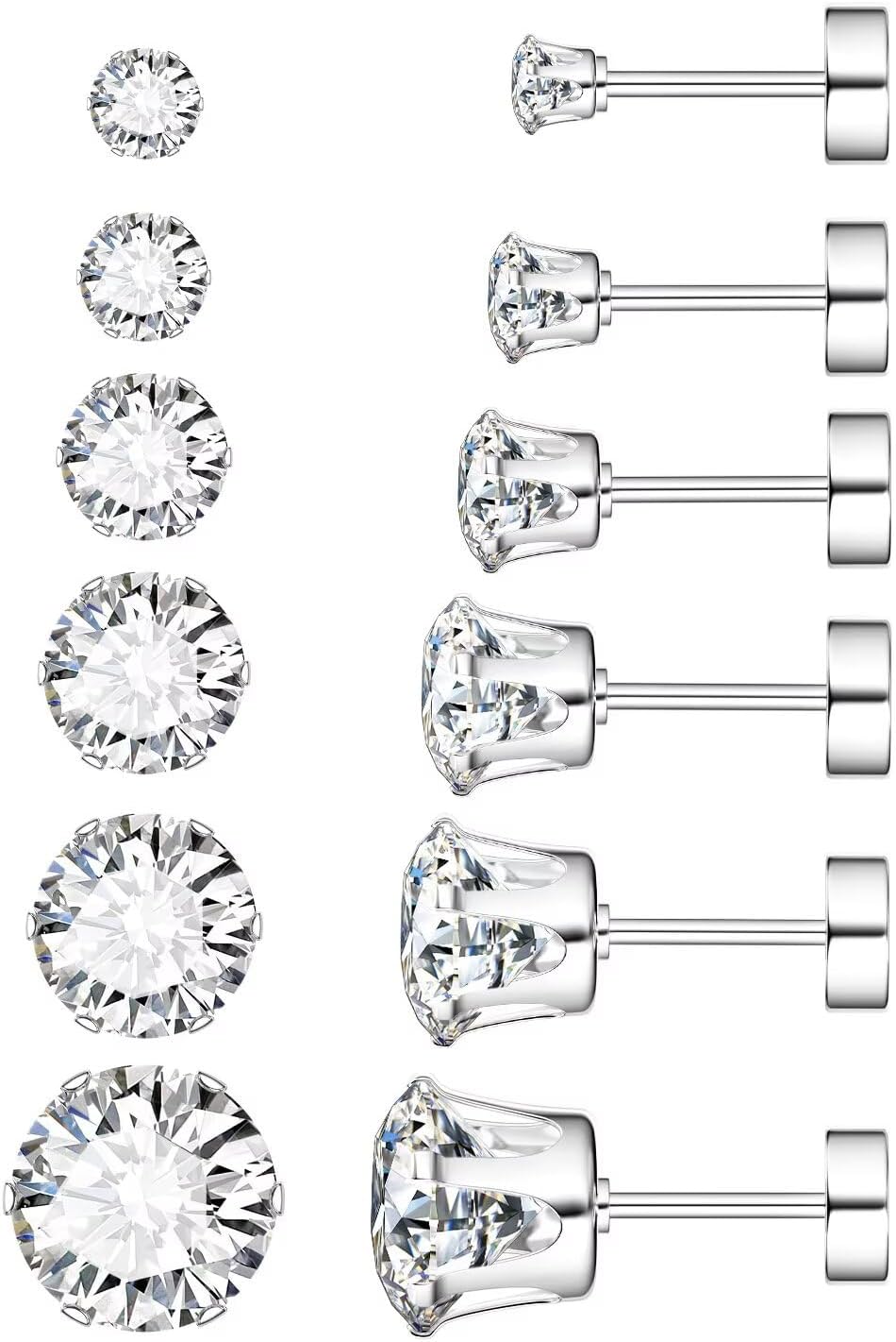 UHIBROS 6 Pairs Stainless Steel Stud Earrings Set Hypoallergenic Cubic Zirconia...