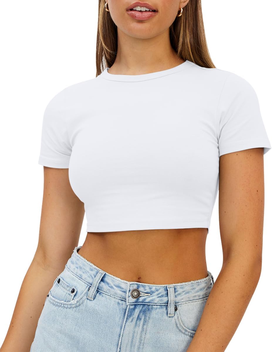 WYNNQUE Womens Crop Tops Cute Summer Scoop Neck Basic Tees Slim Fit Trendy Short...