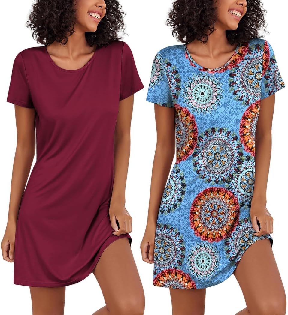 Ekouaer Nightgowns for Women 2 Pack Night Shirts Short Sleeve Sleapwear Soft Sle...