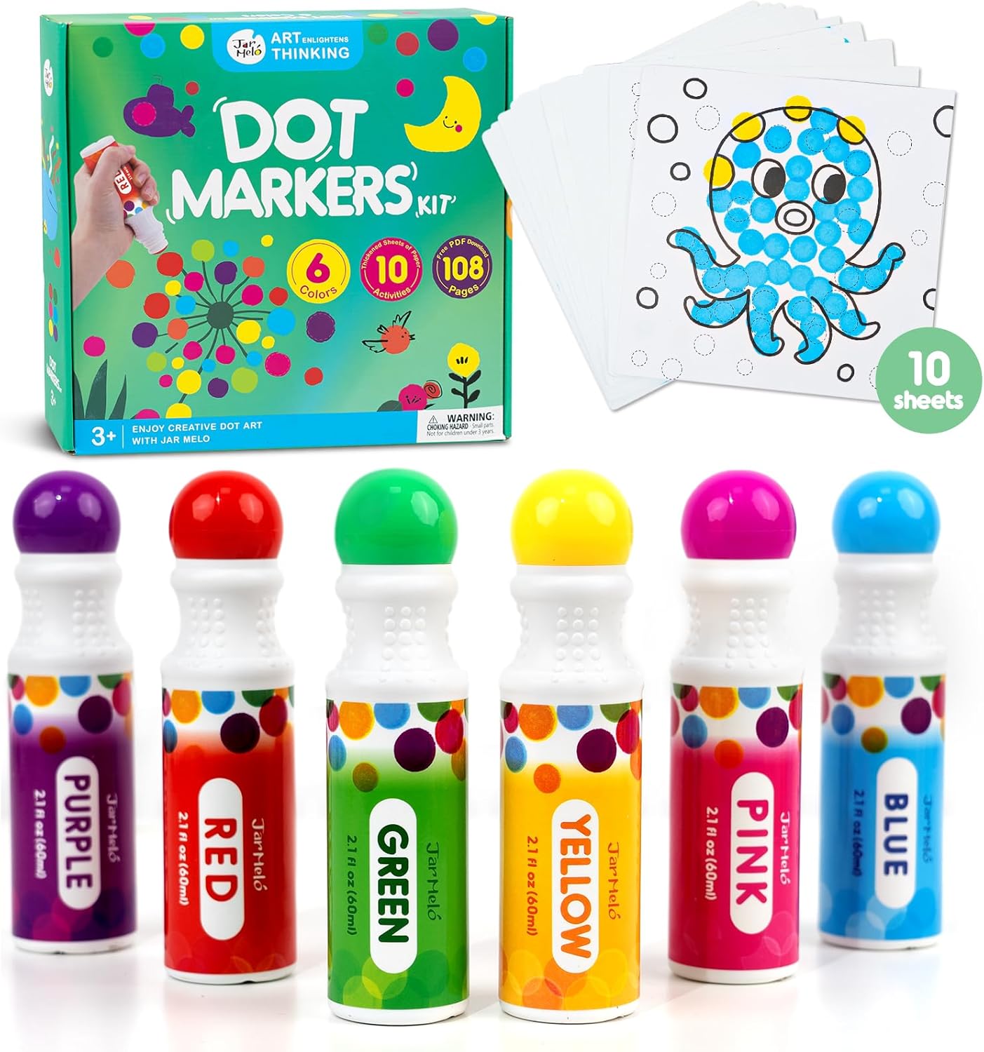 Jar Melo Washable Dot Markers, 6 Colors Dot Paints with 108 PDF & 10 Physical Ac...