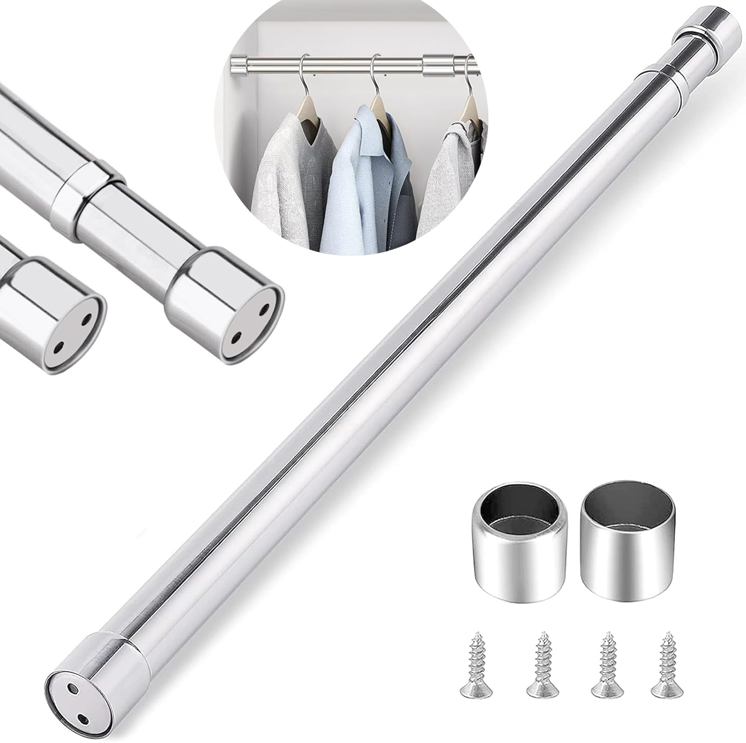 Stainless Steel Wardrobe Rail Extendable Adjustable Clothes Rail Pole with End S...