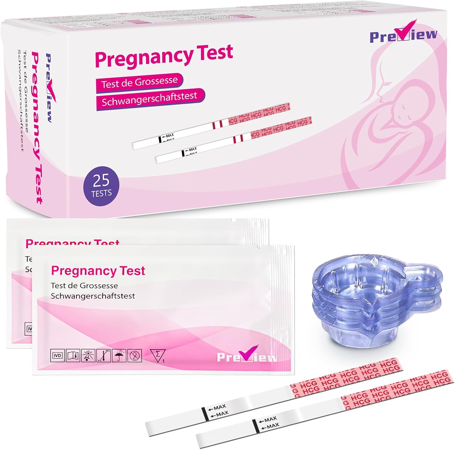 Preview Pregnancy Test Strips 25x Early Pregnancy Tests with Urine Cups 10 MIU/m...
