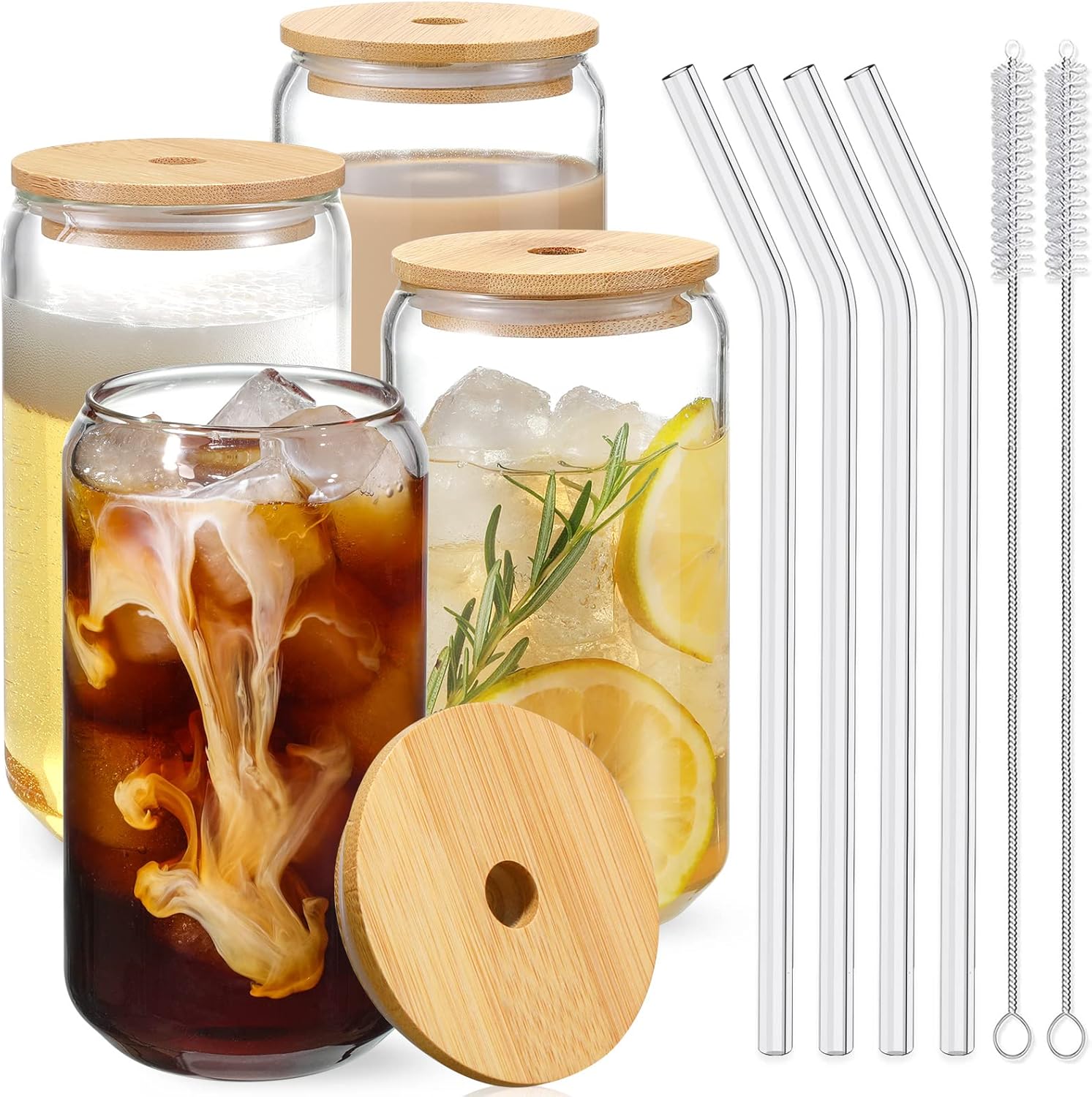 Drinking Glasses with Bamboo Lids and Glass Straw 4pcs Set - 16oz Glass Cups, Ic...