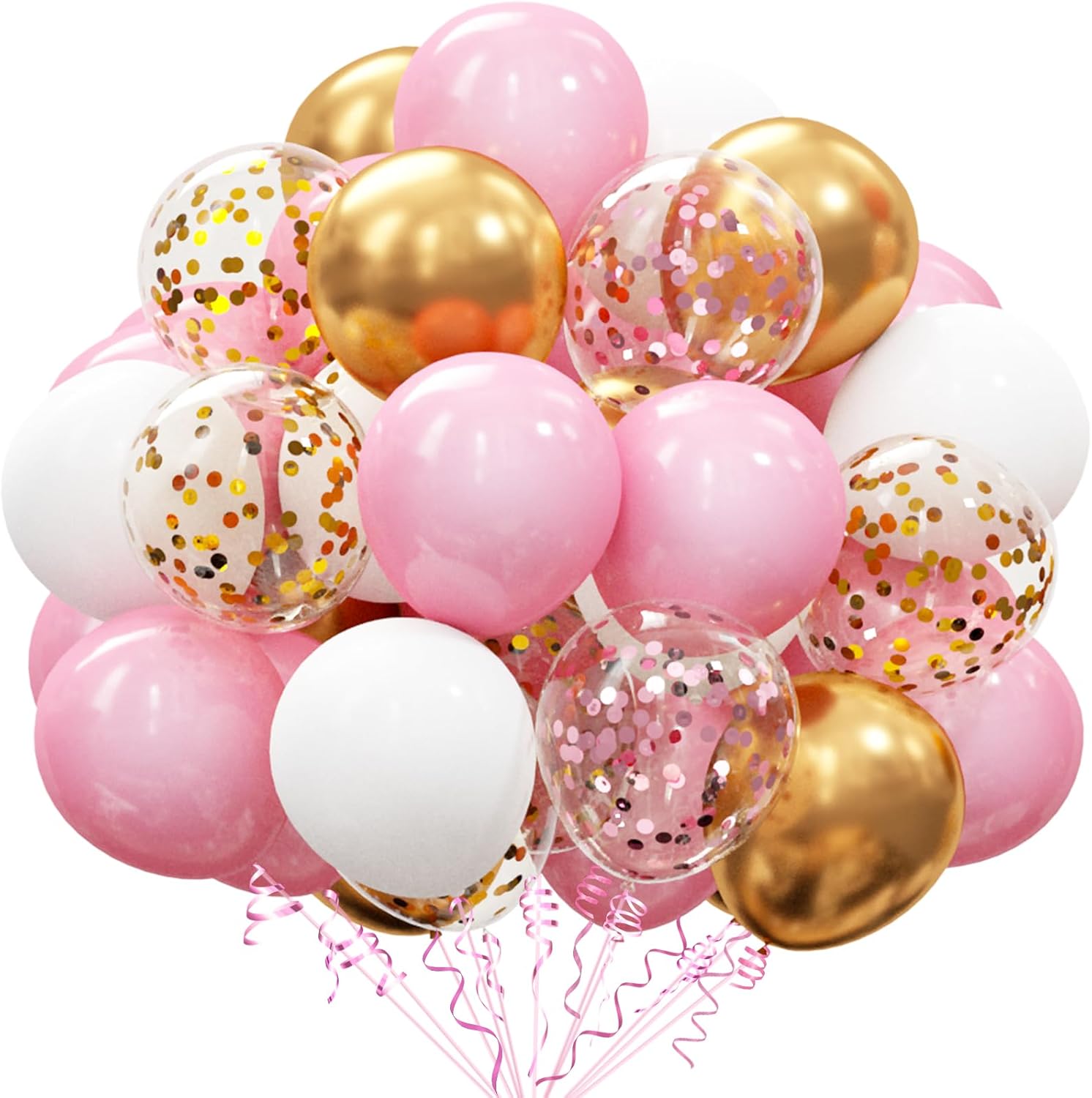 OuMuaMua 62Pcs Pink Gold Confetti Latex Balloons Kit, 12 Inch Pink White Gold He...
