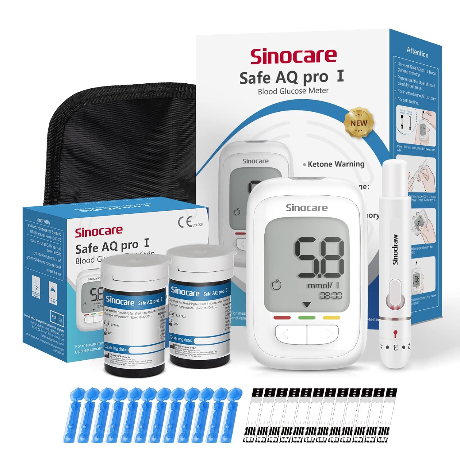 sinocare Blood Sugar Testing Kit/Blood Glucose Monitor Safe AQ Pro I, with Blood...