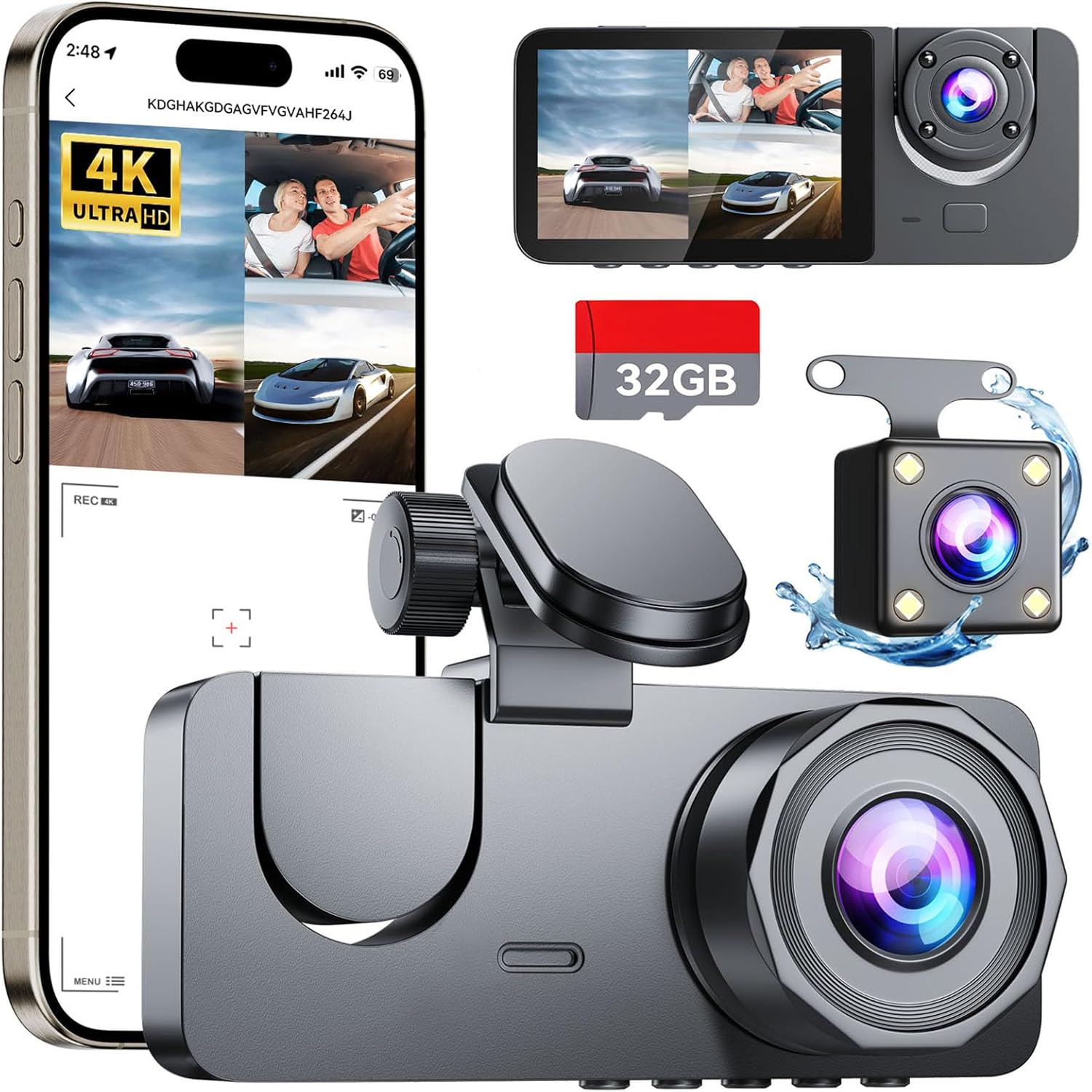 Dash Cam Front and Rear 4K Full HD, Dash Camera Included 32GB SD Card, 3 Channel...