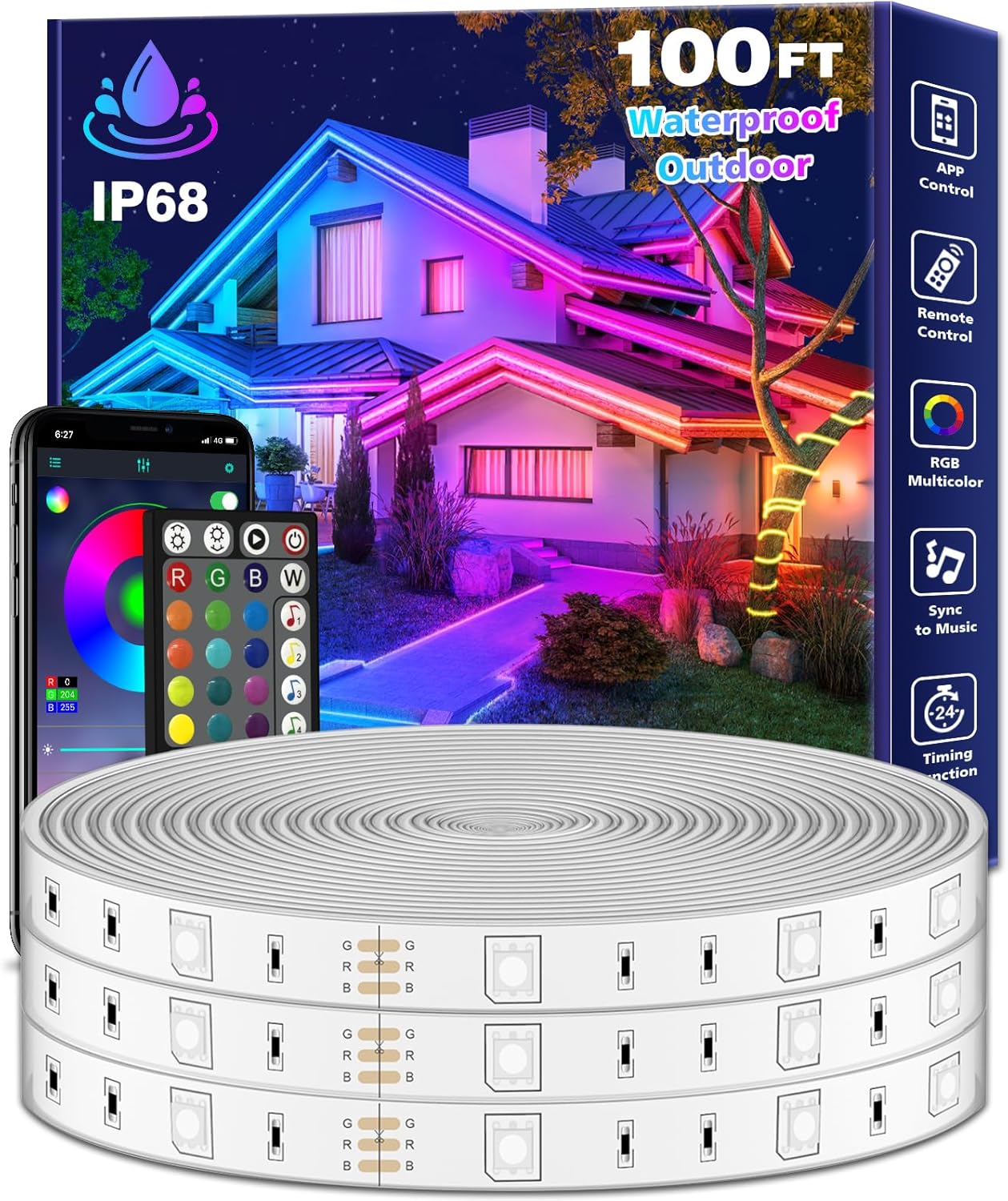 100Ft Outdoor LED Strip Lights Waterproof,Music Sync RGB IP65 Outside Led Light...