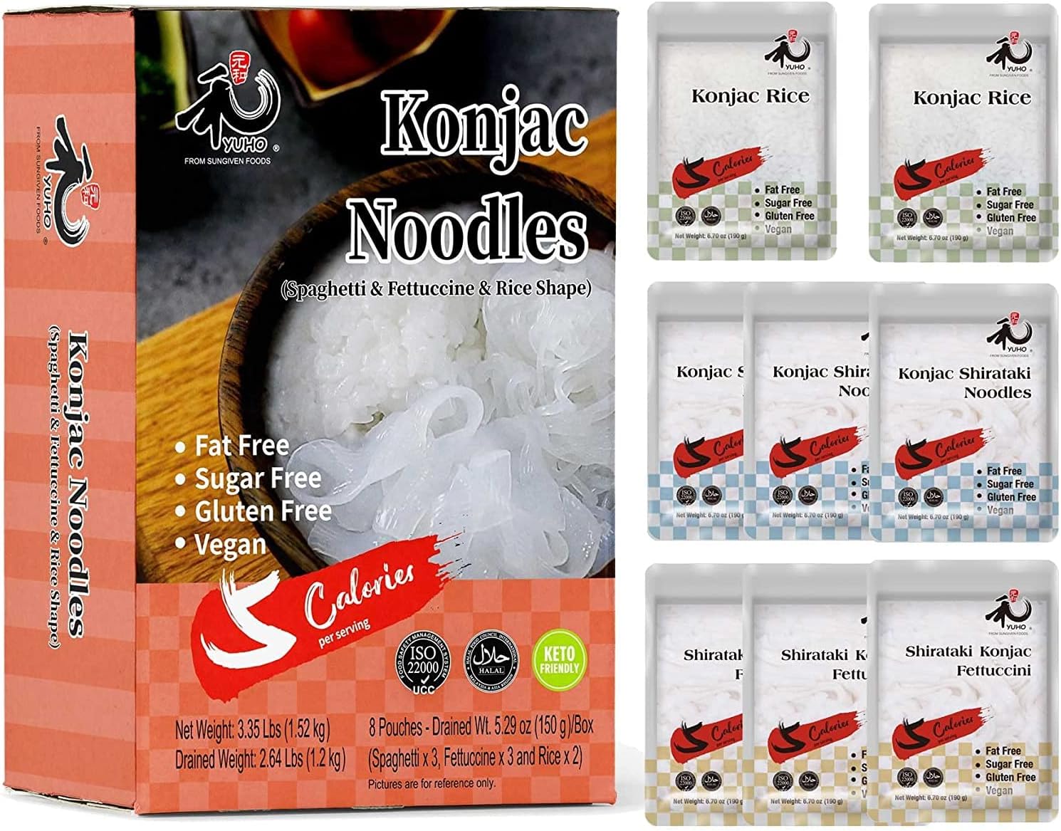 YUHO Shirataki Konjac Pasta and Rice Variety 8 Pack Inside, Vegan, Low Calorie F...