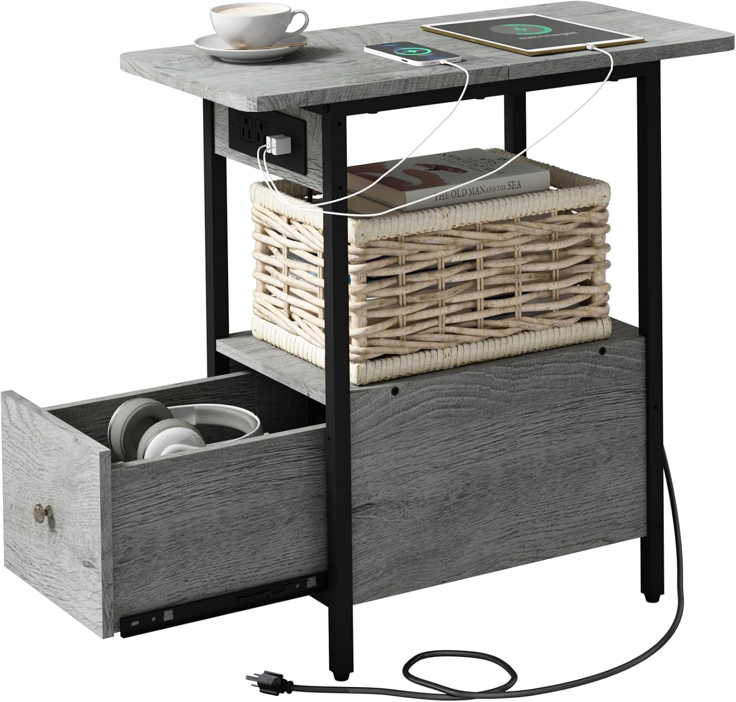 LIDYUK End Table with Charging Station, Narrow Side Table with Drawer and USB Po...
