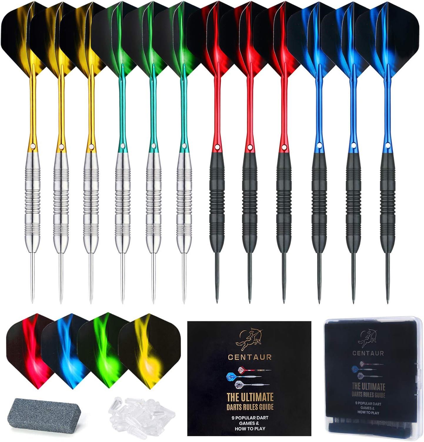 centaur 12 Pack Steel Tip Darts, Professional 22/24 Grams Metal Dart Set with 4...