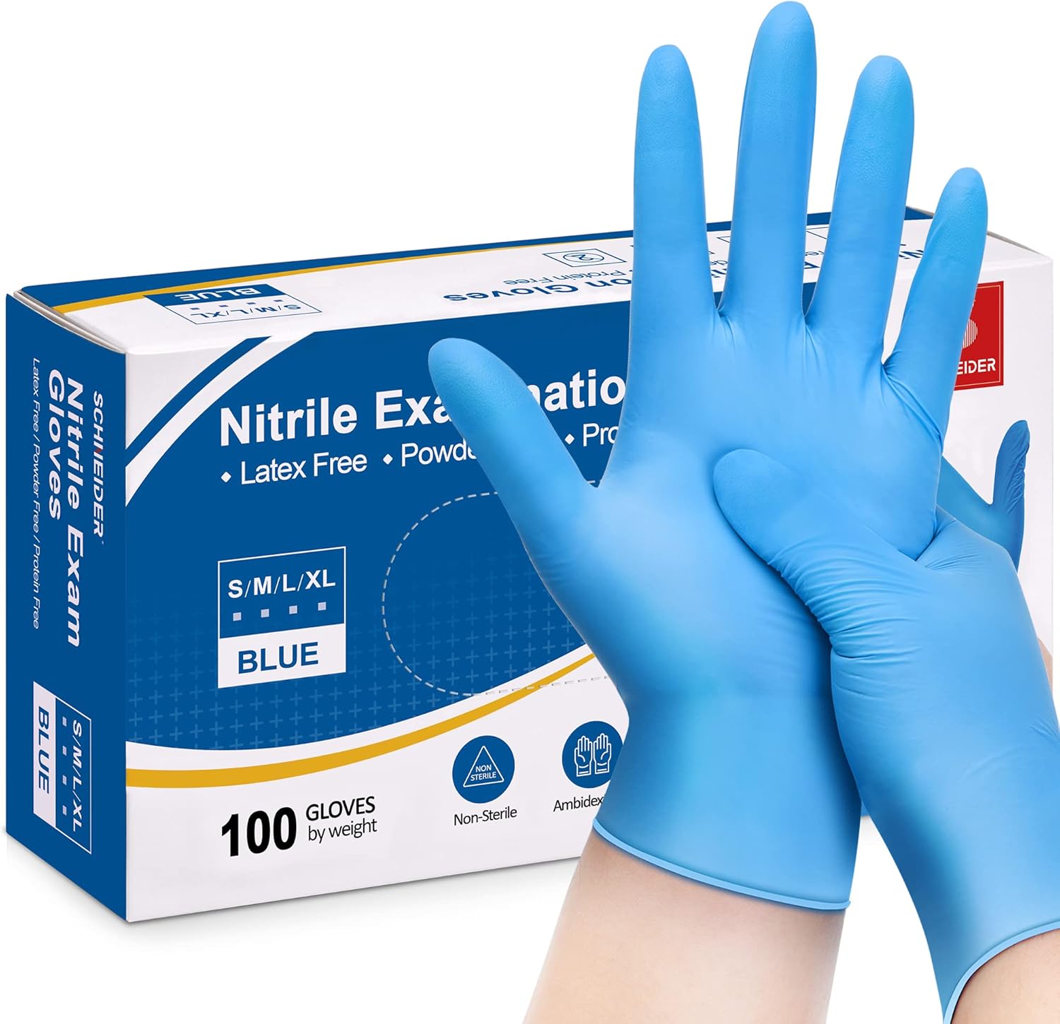 Schneider Nitrile Exam Gloves, Blue, 4 mil, Powder-Free, Latex-Free, for Medical...
