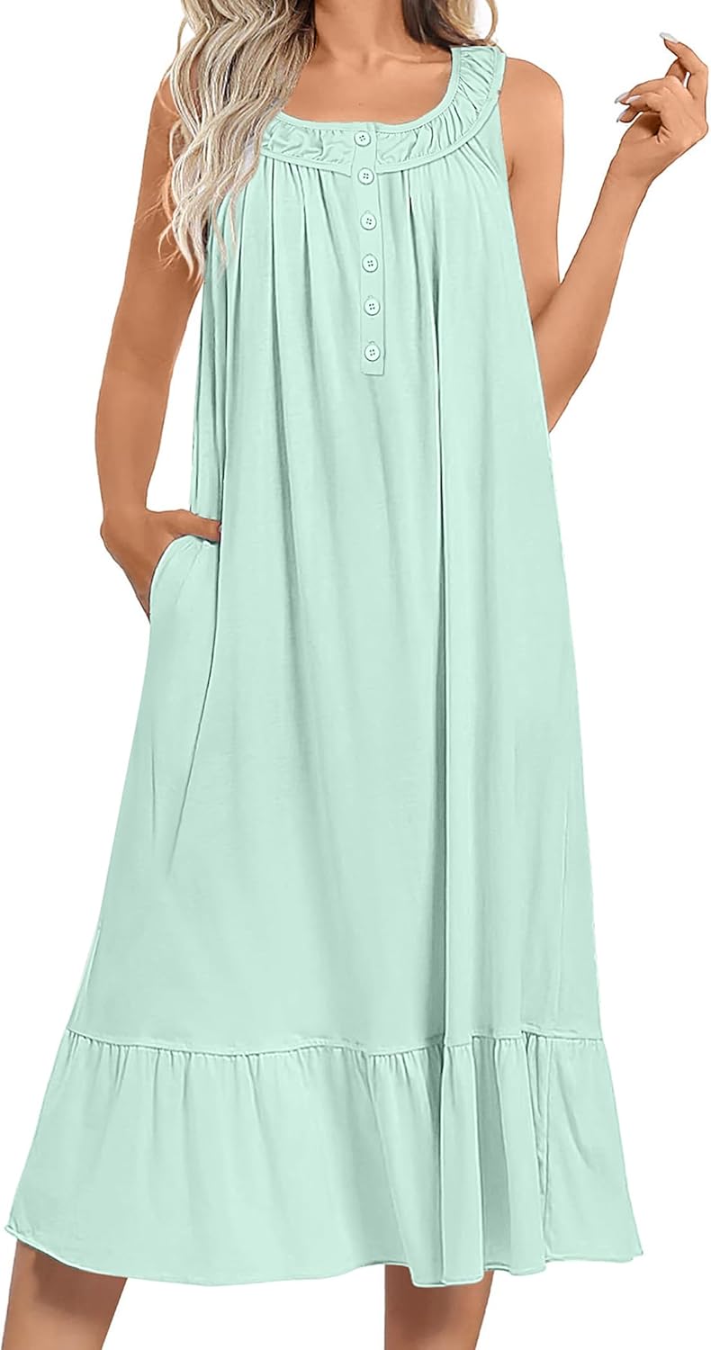 Ekouaer Women's Nightgowns Long Sleeveless Night gown with Pockets Soft Ladies N...