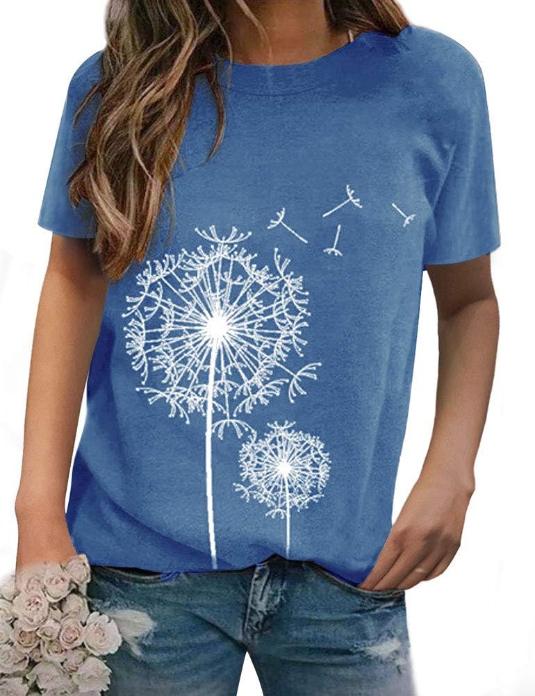 Dresswel Women Dandelion T-Shirt Cute Graphic Print Crew Neck Short Sleeve Summe...
