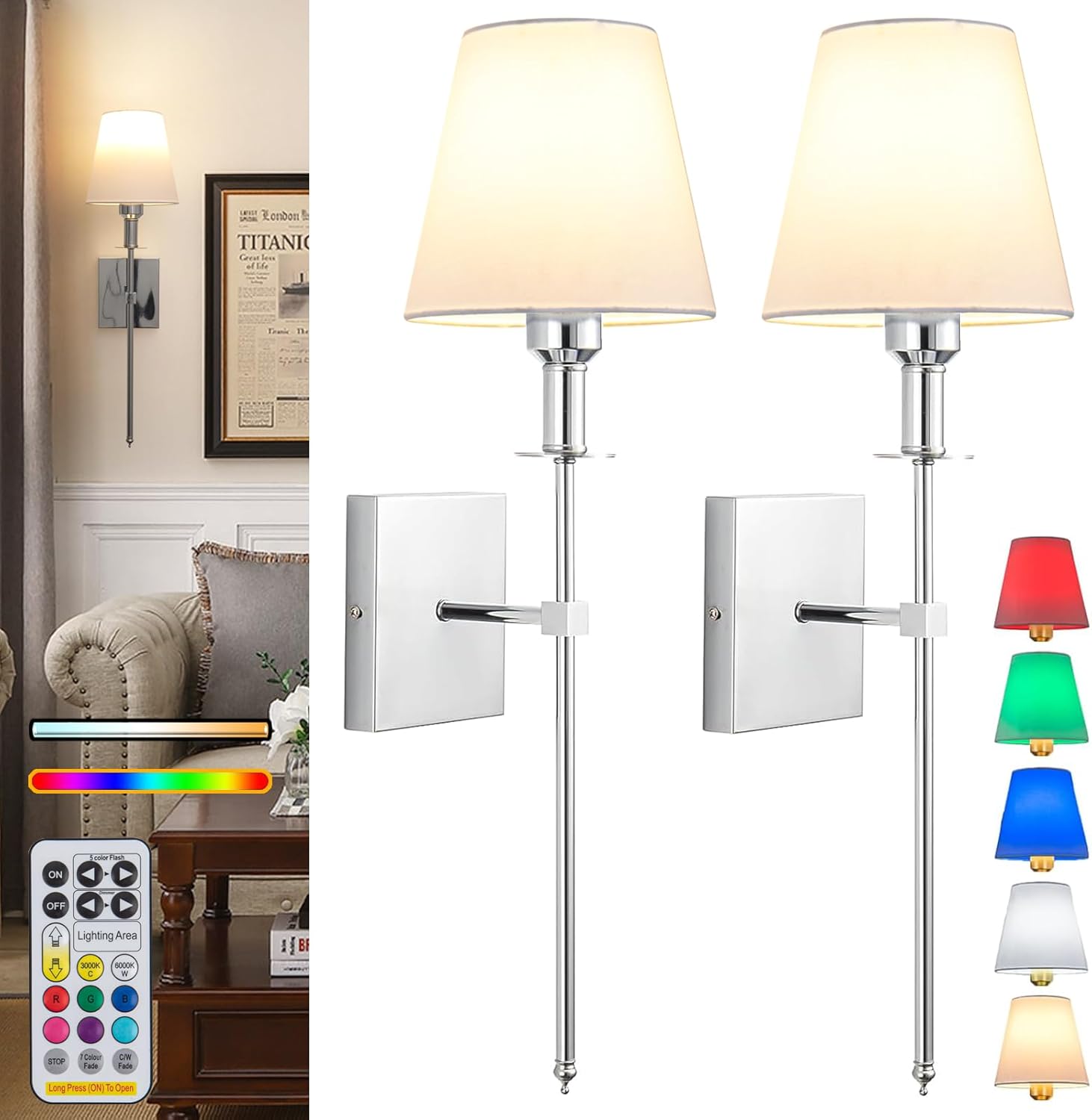 Aiehnid Battery Operated Wall Lights Set Of 2，with Color Temperature Dimmable R...