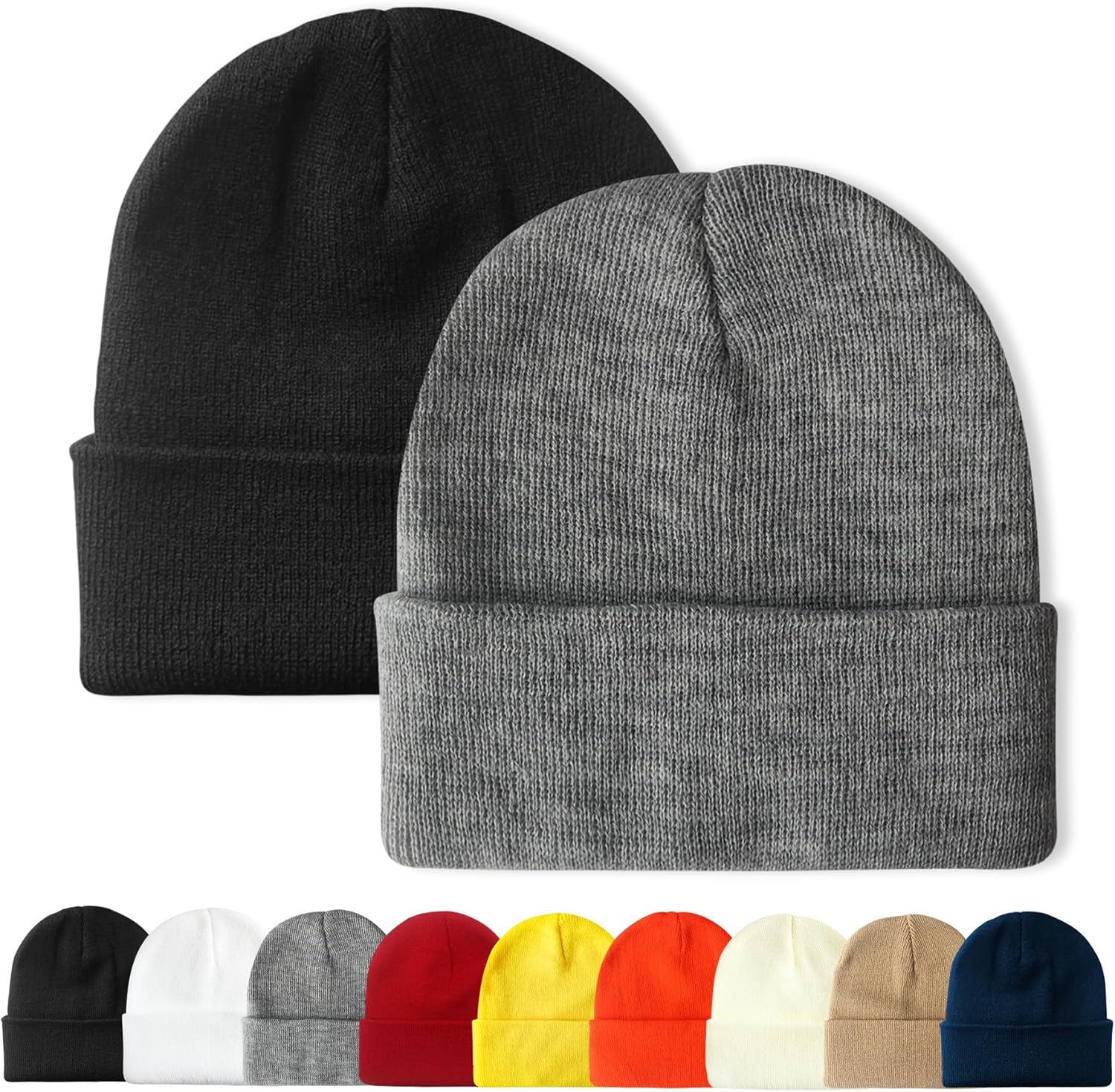 PFFY 2 Packs Unisex Beanie Hats for Men Women Knit Winter Beanies Black+gray 2