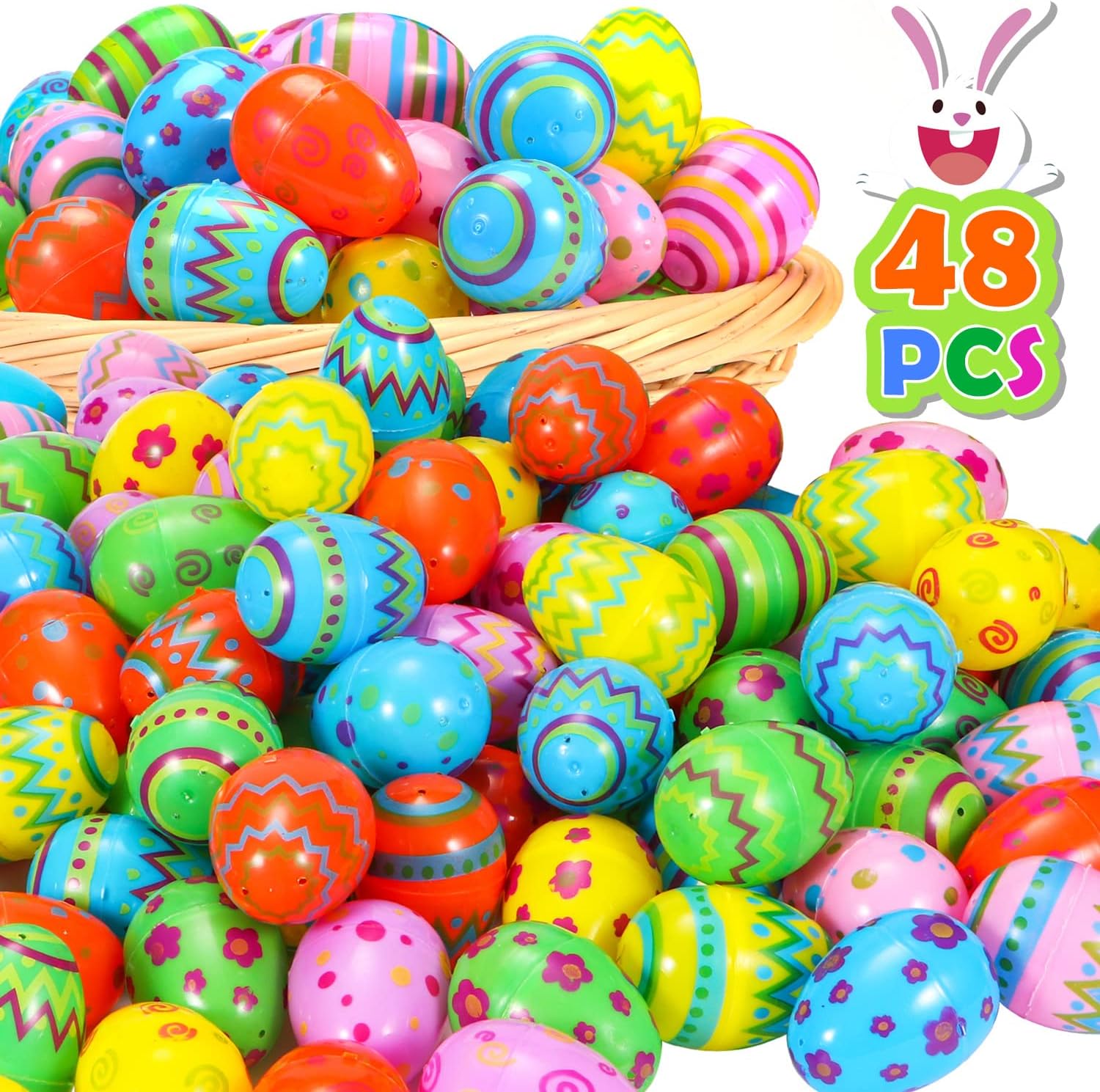 NEWBEA 48 Pcs Plastic Easter Eggs Assorted Prints and Colors 2.4" Tall for Easte...