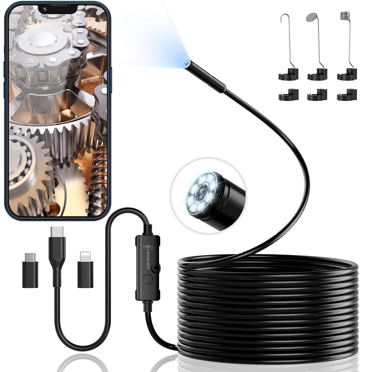 Endoscope Camera with Light, 1920P HD Borescope Camera with 8 Adjustable LED Lig...