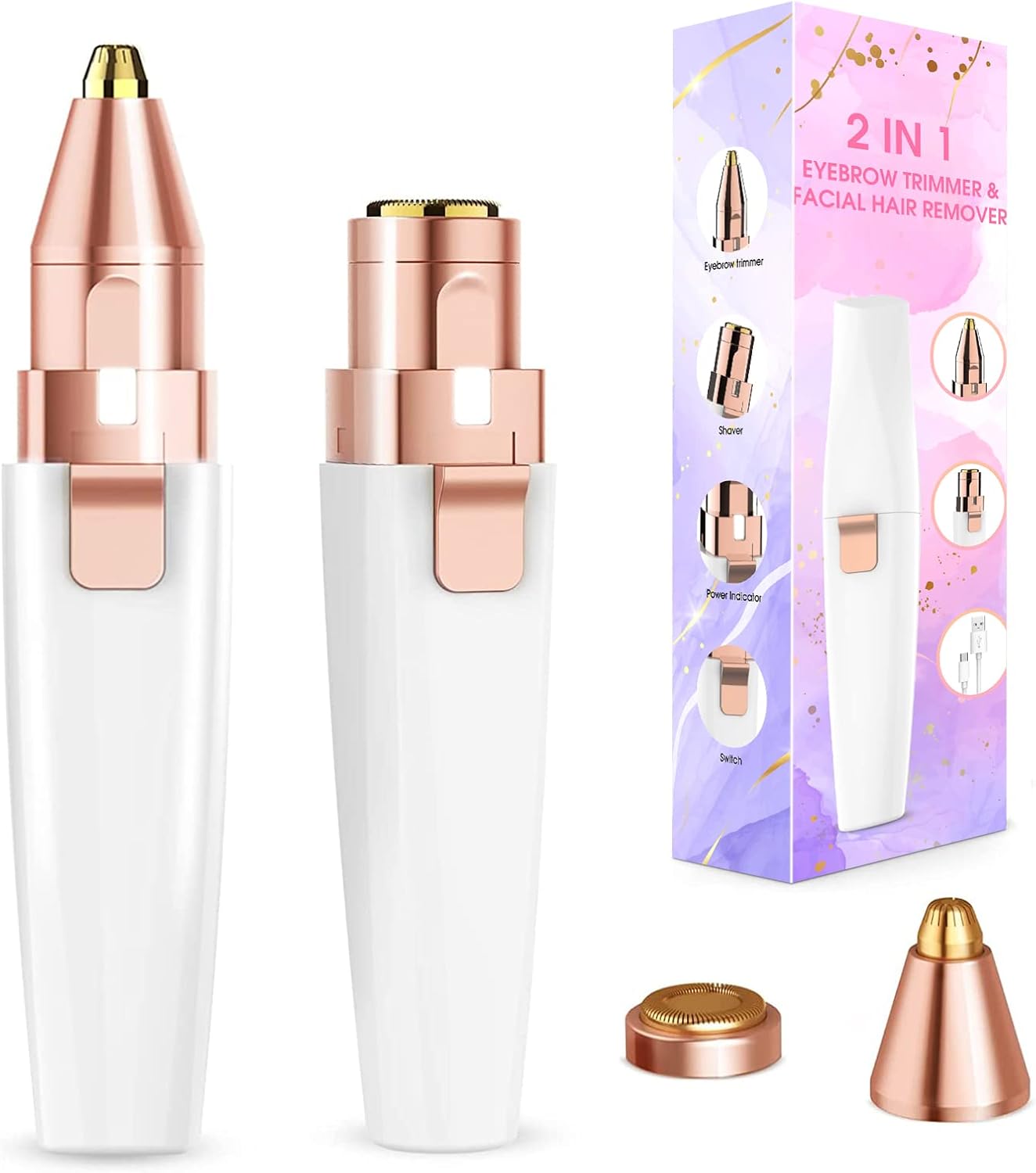 Facial Hair Remover for Women & Eyebrow Trimmer, 2 in 1 Rechargeable Facial Epil...