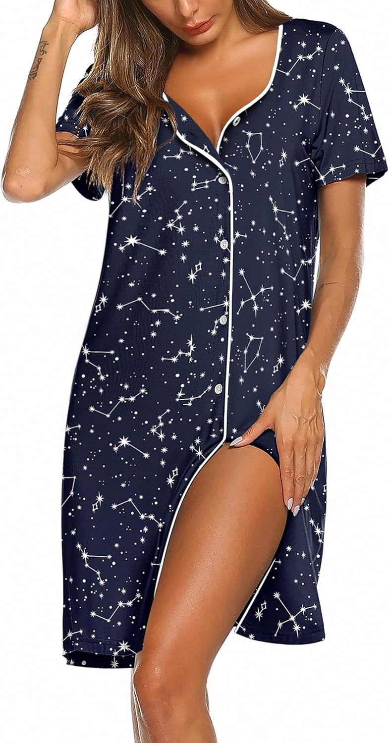 Ekouaer Women's Nightgown Button Down Nightshirt Short Sleeve Sleepshirt Soft V...