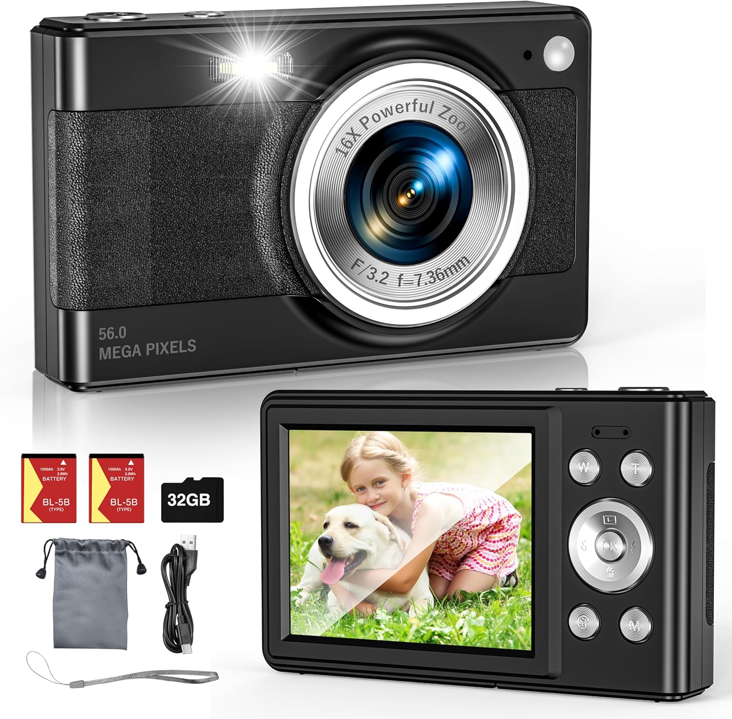 Upgrade Digital Camera, 56MP FHD 1080P Camera for Kids with 16x Zoom Anti Shake,...