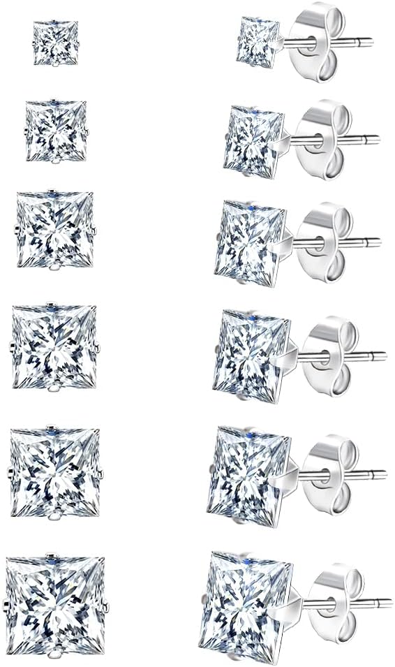 UHIBROS 18K White Gold Plated Square Cubic Zirconia Studs Hypoallergenic Mens Ea...