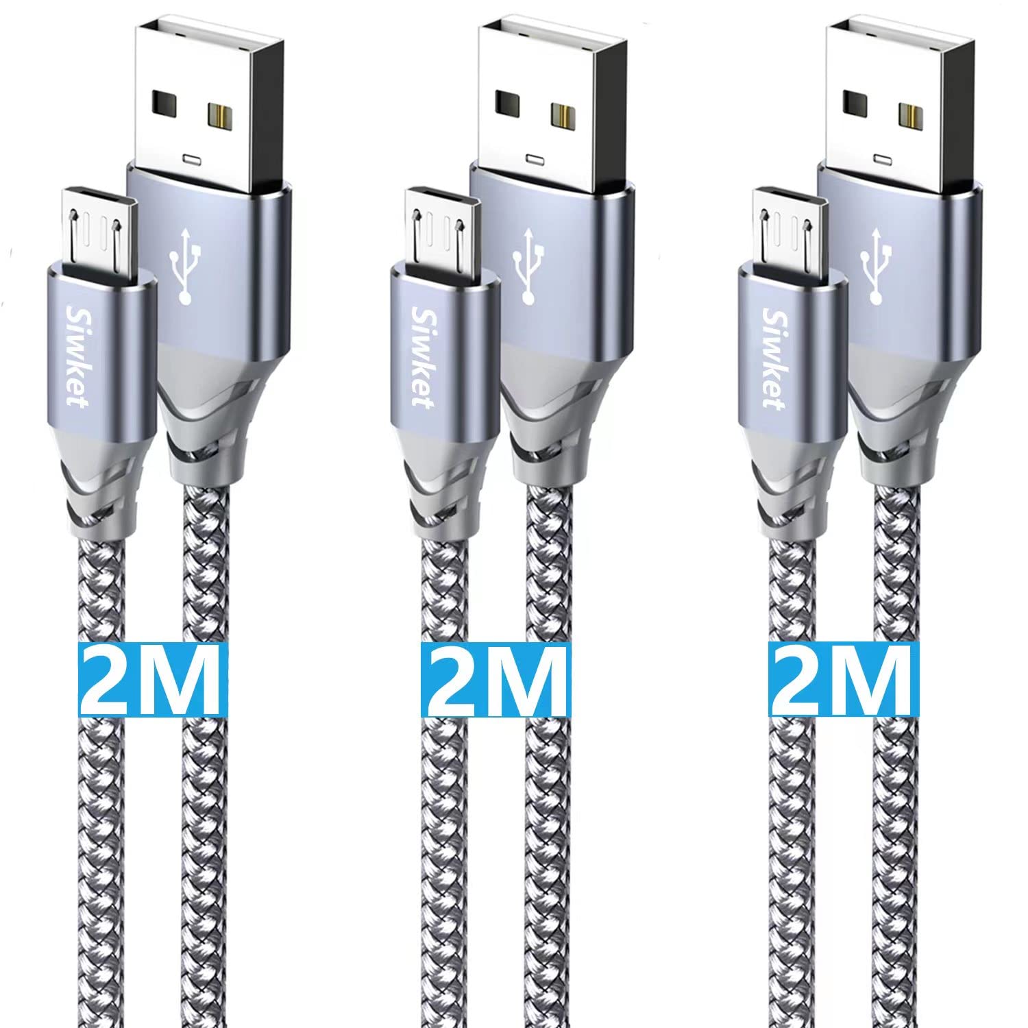 Siwket Micro USB Cable 3Pack 2M Braided USB A to Micro Charge Cable Android Char...